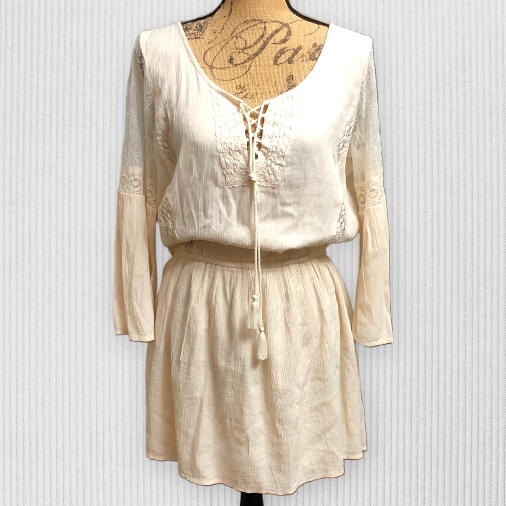 American Eagle Outfitters Cream Lace-Up Boho Dress